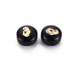 Black Handmade Lampwork Beads, with Golden Plated Brass Etched Metal Embellishments, Flat Round with Woman, Black, 8x5~6mm, Hole: 0.8mm