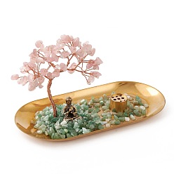 Rose Quartz Natural Rose Quartz with Green Aventurine Chips with Brass Incense Burner Holder, with Rose Gold Plated Brass Wires and Buddha, Lucky Tree, 83.5x180x85~100mm