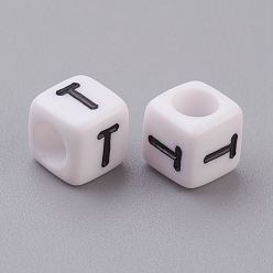 Letter T Acrylic Horizontal Hole Letter Beads, Cube, White, Letter T, Size: about 6mm wide, 6mm long, 6mm high, hole: about 3.2mm, about 2600pcs/500g