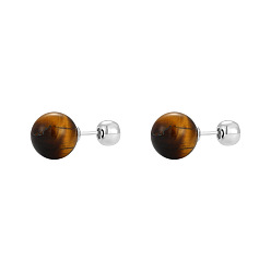 Œil De Tigre Boucles d'oreilles rondes en œil de tigre naturel avec épingles en argent sterling pour femmes, 12mm