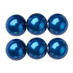 Bleu Foncé Brins de perles rondes en verre teinté écologique, Grade a, cordon en coton fileté, bleu foncé, 12mm, Trou: 0.7~1.1mm, Environ 34 pcs/chapelet, 15 pouce