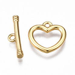 Real 18K Gold Plated Brass Toggle Clasps, Nickel Free, Heart, Real 18K Gold Plated, 18mm long, Bar: 15.5x4x2mm, hole: 1.4mm, Jump Ring: 5x1mm, Inner Diameter: 3mm, Heart: 12x12x1.5mm, Hole: 1.2mm