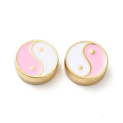 Pink Cuentas de esmalte de aleación de chapado en rack, plano y redondo con patrón de yin yang, dorado, rosa, 11x4 mm, agujero: 1.6 mm