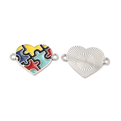 Colorful Alloy Enamel Connector Charms, Cadmium Free & Nickel Free & Lead Free, Heart Links with Puzzle Pattern, Platinum, Colorful, 19x27.5x1.5mm, Hole: 2mm