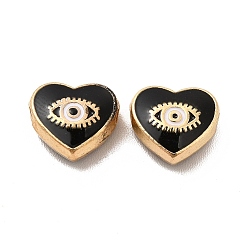 Negro Perlas de esmalte de la aleación, corazón con ojo de caballo, dorado, negro, 9x10x4 mm, agujero: 1.6 mm