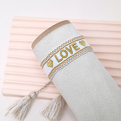 Verge D'or Bracelet cordon polyester style ethnique bohème, bracelet réglable mot amour avec breloques pompon, verge d'or, 9-1/2 pouce (24 cm)