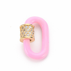 Perlas de Color Rosa Latón micro pavé claro zirconia cúbica tornillo mosquetón cerradura encantos, con esmalte, para hacer collares, sin cadmio y níque y plomo, oval, real 16 k chapado en oro, rosa perla, 19x12x2.5 mm, tornillo: 6x6 mm