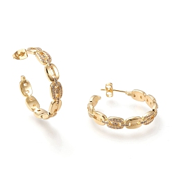 Real 18K Gold Plated Brass Micro Pave Clear Cubic Zirconia Stud Earrings, Half Hoop Earrings, with Ear Nuts, Long-Lasting Plated, Coffee Bean Chain Shape, Real 18K Gold Plated, 31x5mm, Pin: 0.7mm