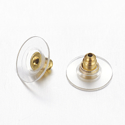 Golden Brass Bullet Clutch Earring Backs, with Plastic Pads, Ear Nuts, Golden Color, Size: about 12mm in diameter, 7mm thick, hole:  1mm