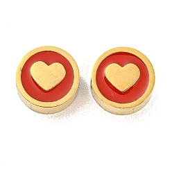 Red Ion Plating(IP) Rack Plating 316L Surgical Stainless Steel Beads, with Enamel, Real 18K Gold Plated, Flat Round with Heart, Red, 8x3.5mm, Hole: 2mm