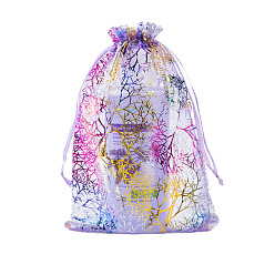Lilac Rectangle Printed Organza Drawstring Bags, Colorful Coral Pattern, Lilac, 12x9cm