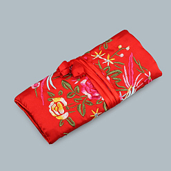 Малиновый Прямоугольные шелковые пакеты на молнии в стиле ретро, сумки для хранения ювелирных изделий с вышивкой и цветами с веревкой на шнурке, малиновый, 20x9 см, открытый: 27x20 см