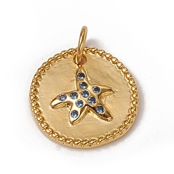 Golden Brass Micro Pave Cornflower Blue Cubic Zirconia Charms, with Jump Rings, Long-Lasting Plated, Flat Round with Starfish/Sea Stars, Golden, 14x2mm, Jump Ring: 5x0.7mm, Inner Diameter: 3.6mm
