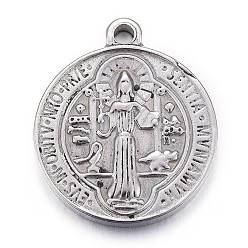 Antique Silver 304 Stainless Steel Pendants, Flat Round with Saint Benedict Medal, Antique Silver, 23.5x20x3mm, Hole: 2mm