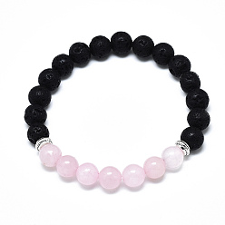 Rose Quartz Natural Rose Quartz Beads Stretch Bracelets, with Synthetic Lava Rock Beads and Alloy Beads, Round, Inner Diameter: 2-1/8 inch(5.5cm), Beads: 8.5mm