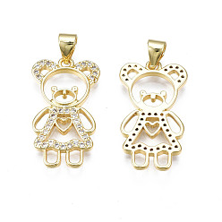Real 18K Gold Plated Brass Micro Pave Clear Cubic Zirconia Pendants, Nickel Free, Bear, Real 18K Gold Plated, 23.5x13x2mm, Hole: 3x5mm