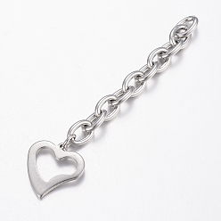 Stainless Steel Color 304 Stainless Steel Chain Extender, with Heart Charms, Stainless Steel Color, 70x6mm