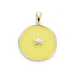 Yellow Brass Enamel Pendants, Cadmium Free & Nickel Free & Lead Free, Real 16K Gold Plated, Flat Round with Star, Yellow, 20.5x15.5x4.5mm, Hole: 2.5x3mm