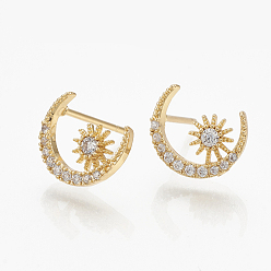 Real 18K Gold Plated Brass Ear Studs, with Cubic Zirconia, Moon, Nickel Free, Real 18K Gold Plated, 11x9mm, Pin: 0.8mm