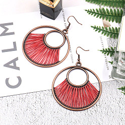 Red Creative Design Alloy Dangle Earrings, with Yarn, Flat Round, Red Copper, Red, 75x55mm