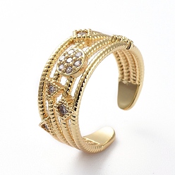 Golden Adjustable Brass Cuff Finger Rings, with Micro Pave Cubic Zirconia, Clear, Golden, Size 6, 16.2mm