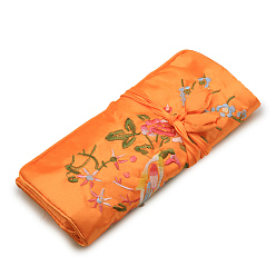 Orange Foncé Pochettes en rouleau à fermeture éclair en soie rectangle rétro, sacs de rangement de bijoux de fleurs brodées avec corde à cordon, orange foncé, 20x9 cm, ouvert: 27x20 cm
