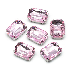 Perlas de Color Rosa Cose en el rhinestone, Enlaces multifilares, diamantes de imitación de cristal, con ajustes de puntas de latón, accesorios de prendas de vestir, facetados, octágono, Platino, rosa perla, 18x13x7 mm, agujero: 0.8~1 mm