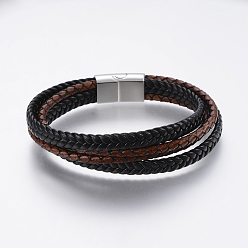 Mixed Color Leather Cord Multi-strand Bracelets, with 304 Stainless Steel Magnetic Clasps, Mixed Color, 8-5/8 inch(22cm), 4~23mm
