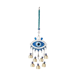 Azul Lomos de viento de mal de ojo hechos a mano, con diamantes de imitación de cristal, campana de hierro, Perla de resina y fornitura de esmalte de aleación, azul, 340 mm