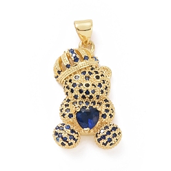 Blue Brass Cubic Zirconia Pendants, Golden, Bear with Heart Charm, Blue, 26x15x10mm, Hole: 4x4.5mm