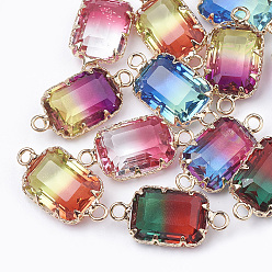 Mixed Color Two Tone K9 Glass Links connectors, with Golden Tone Brass Findings, Faceted, Rectangle, Mixed Color, 22x10.5~1x6~6.5mm, Hole: 2mm