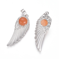 Red Aventurine Natural Red Aventurine Pendants, with Platinum Tone Brass Findings, Wing, 47x16x7.5mm, Hole: 7x5mm