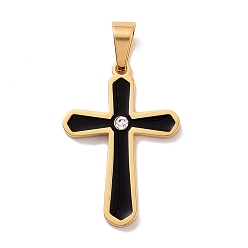 Golden Vacuum Plating 304 Stainless Steel Pendants, with Rhinestone and Enamel, Cross, Golden, 34x24x2.5mm, Hole: 9x5mm