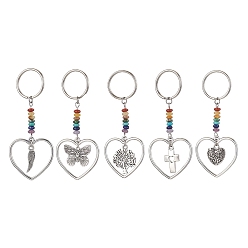 Mixed Shapes Heart with Wing/Cross/Tree of Life/Butterfly Alloy Pendant Keychain, with Chakra Gemstone Chip and Iron Split Key Rings, Mixed Shapes, 7.4cm