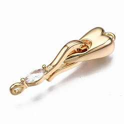 Real 18K Gold Plated Brass Micro Pave Clear Cubic Zirconia Hook Clasps, Nickel Free, Heart, Real 18K Gold Plated, 29mm long, Clasps: 27x7x3mm, Hole: 1.2mm, Heart: 15x7x5mm, Hole: 1.6mm