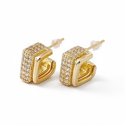 Real 18K Gold Plated Clear Cubic Zirconia Square Stud Earrings, Brass Half Hoop Earrings for Women, Lead Free & Cadmium Free, Real 18K Gold Plated, 13.5x13.5x8mm, Pin: 0.9mm
