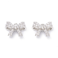 Platinum Rack Plating Brass Micro Pave Cubic Zirconia Charms, Long-Lasting Plated, Bowknot, Platinum, 10x13x5mm, Hole: 1.2mm
