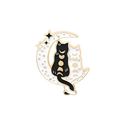 White Cat with Moon Enamel Pin, Light Gold Plated Alloy Badge for Backpack Clothes, White, 30x22mm