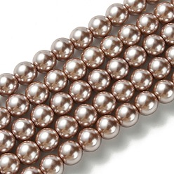 Brun Rosé  Brins de perles rondes en verre teinté écologique, Grade a, cordon en coton fileté, brun rosé, 8mm, Trou: 1.2~1.5mm, Environ 52 pcs/chapelet, 15 pouce