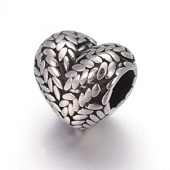Antique Silver Retro 316 Surgical Stainless Steel European Style Beads, Large Hole Beads, Heart with Wheat, Antique Silver, 11x12x8.5mm, Hole: 4.5mm