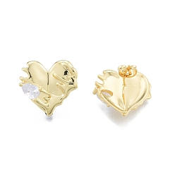 Real 18K Gold Plated Clear Cubic Zirconia Heart Stud Earrings, Brass Jewelry for Women, Real 18K Gold Plated, 19.5x20mm, Pin: 0.9mm