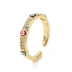 Real 18K Gold Plated Brass Micro Pave Cubic Zirconia Open Rings, Enamel Evil Eye Cuff Rings for Women, Real 18K Gold Plated, 3mm, Inner Diameter: US Size 6 3/4(17mm)