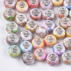 Mixed Color Resin European Beads, Large Hole Beads, with Silver Color Plated Brass Cores, Rondelle, Mixed Color, 14x8.5~9mm, Hole: 5mm