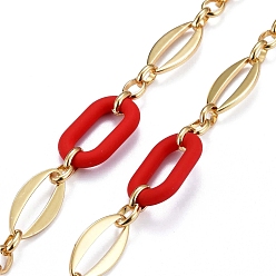 Red Handmade Brass Oval Link Chains, with Acrylic Linking Rings, Unwelded, Real 18K Gold Plated, Red, Link: 8.5x6.5x2mm and 24x12x2mm, Acrylic: 27.5x16.5x4.5mm. 