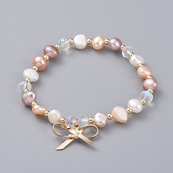 Seashell Color Charm Bracelets, with Natural Cultured Freshwater Pearl Beads, Glass Beads, Brass Round Spacer Beads and Brass Pendants, Bowknot, with Burlap Bags, Seashell Color, 2-1/8 inch(5.3cm)