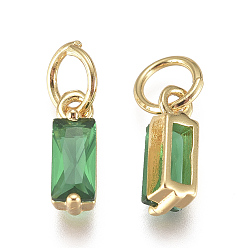 Green Brass Micro Pave Cubic Zirconia Charms, Long-Lasting Plated, with Jump Ring, Real 18K Gold Plated, Rectangle, Green, 10x3x3mm, Hole: 3mm