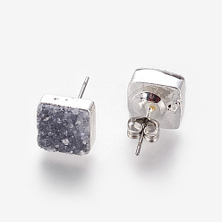 Dark Gray Natural Dyed Druzy Quartz Stud Earrings, with 304 Stainless Steel Findings, Square, Silver, Dark Gray, 10x10x6~10mm, Pin: 0.7mm