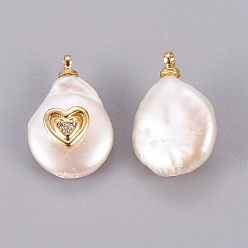 Gold Natural Cultured Freshwater Pearl Pendants, with Brass Micro Pave Cubic Zirconia Cabochons, Long-Lasting Plated, Nuggets with Heart, Real 18K Gold Plated, 14~18x10.5~13x7~9mm, Hole: 1.5mm