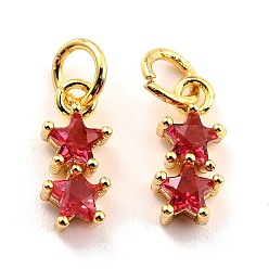Cerise Brass Cubic Zirconia Charms, Real 18K Gold Plated, Cadmium Free & Lead Free, Double Star, Cerise, 12x5x3mm, Hole: 3.8mm