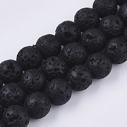 Noir Brins de perles de pierre de lave naturelle peintes à la bombe, ronde, noir, 6~7mm, Trou: 0.7mm, Environ 59~62 pcs/chapelet, 15.75 pouce (40 cm)